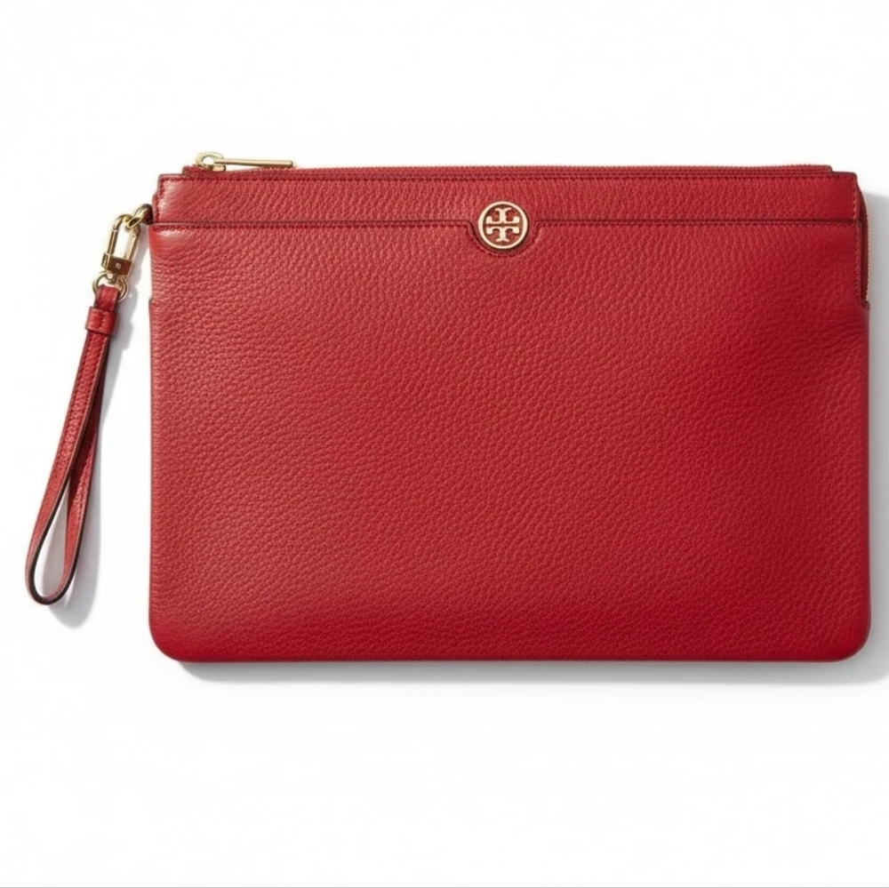 Tory Burch Emerson XL Zip Top Pouch Pebbled Leather Wristlet Clutch